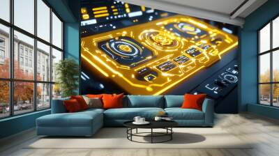 Futuristic mustard yellow interface, with glowing digital elements and sleek design Wall mural