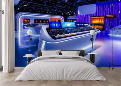 Futuristic sound laboratory, where visitors experiment with electronic music creation using advanced technology in a sleek music museum Wall mural