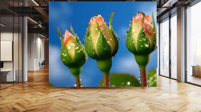 Rose buds in morning dew, photographed against the blue sky, with droplets reflecting the light Wall mural