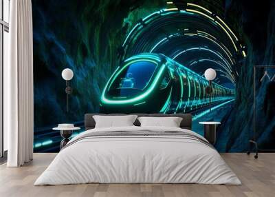 Sci-fi underground tunnel network, with glowing walls and futuristic transportation systems speeding through the depths Wall mural