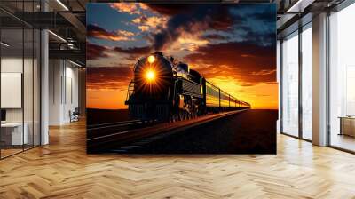 Steam train at sunset, depicted in an artwork where the train's silhouette is highlighted against a glowing sky, with the tracks stretching out into the horizon Wall mural