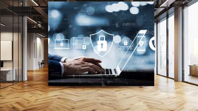 Cybersecurity concept global network security technology, business people protect personal information. Encryption with a padlock icon on the virtual interface. Wall mural