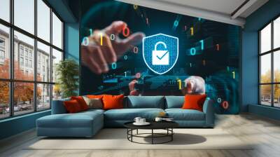 Cybersecurity Privacy data protection concept, businessman holding key protect business and financial data with virtual network connection, security internet access, security encryption. Wall mural