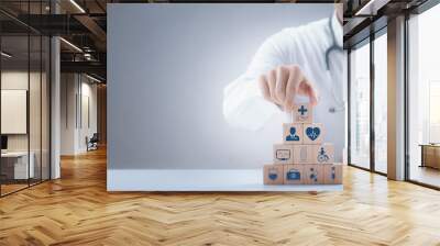 Doctor arranged wooden block with icons of medical, health check and healthcare, digital future healthcare. Wall mural