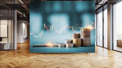 financial information on country background, stacks of coins with charts graphs stock market backgro Wall mural