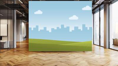 Green landscape blue sky with city, vector Wall mural