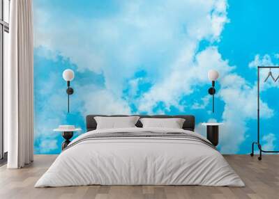 Blue sky with white clouds, bright colored cloudscape banner. Fluffy heaven pattern, aesthetic natural scene. Beautiful Cloudy background, nature environment wallpaper, panoramic view Wall mural