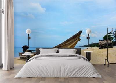 Beautiful beach view with fishing boat Wall mural