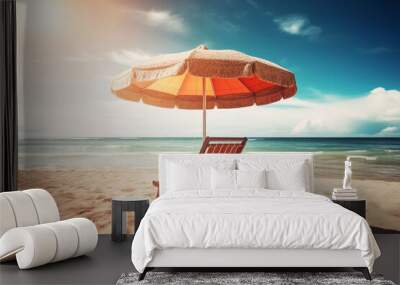 Beach chair on sandy shore with sea view, outdoor seaside holiday with beach umbrella. illustration. Generative AI Wall mural