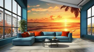 Beauty of beach oceans and romantic sunsets. Majestic palm trees, sunsets and beautiful seascape in paradise Wall mural