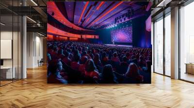 Captivating Corporate Event with Large Audience and Digital Presentation on Stage Wall mural