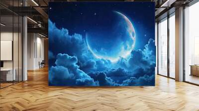 Celestial elegance. Captivating moon night sky with stars clouds and touch of mystical blue perfect for portraying beauty of astronomy and dreams Wall mural