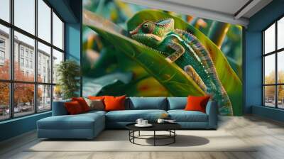 Chameleon Blending Into Vibrant Tropical Leaf Showcasing Nature s Adaptability Wall mural