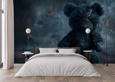 Charred Teddy Bear Against Somber Backdrop Evoking Poignant Sadness of Childhood Lost to Conflict Wall mural