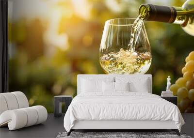 Chilled white wine being poured into a glass with condensation on the bottle in a sunny outdoor setting wine concept with copy space Wall mural