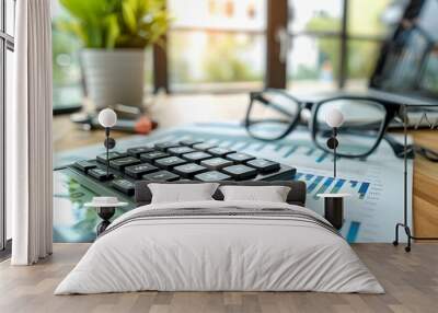 Close up View of Financial Advisor s Desk with Calculator Charts and Planning Documents Wall mural