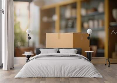 Closeup Delivery Box and Parcel on Table for Online Shopping and Commerce Wall mural