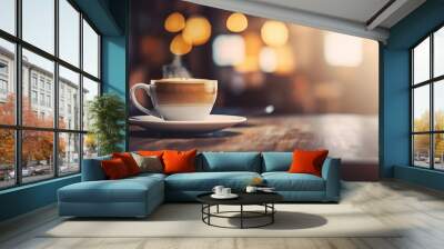 Closeup of white Coffee Cup on Cafe Table with Blurred Background Wall mural