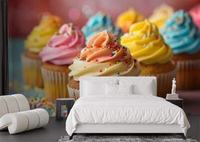 Colorful Frosted Cupcakes with Sprinkles on Cheerful Party Background Wall mural