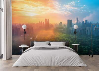 Contrasting Urban Heat Island Effect with Green Spaces at Colorful Sunset in Bustling Megacity Skyline Wall mural