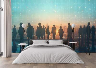 Corporate Leaders Silhouettes Networking at Digital Communication Retreat Sunset Backdrop Wall mural