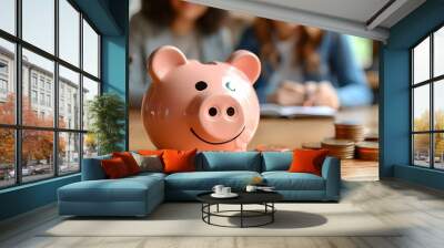 Couple Strategizing for Their Children s Educational Future with a Piggy Bank on the Table Wall mural