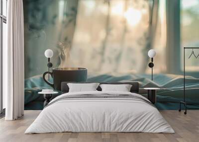 Cozy Morning Solitude with Steaming Cup of Coffee by Bedside Window Wall mural