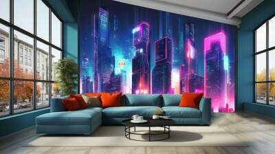 Cyberpunk cityscape. Futuristic night in digital town. Neon lights. Sci Fi city background. Generative AI illustrations Wall mural