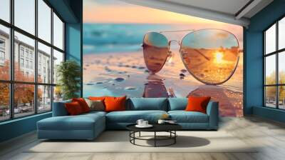 Designer Sunglasses on Captivating Beach Setting with Sunlight Reflection Wall mural