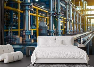 Detailed Shot of a Sophisticated Chemical Processing Plant with Intricate Piping Systems Wall mural