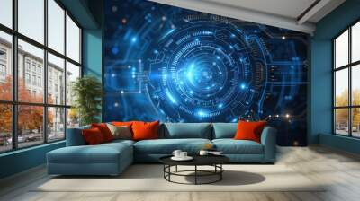 digital innovation, the image captures a futuristic landscape of abstract technology, where lines and circles converge to form a mesmerizing display of light and data Wall mural