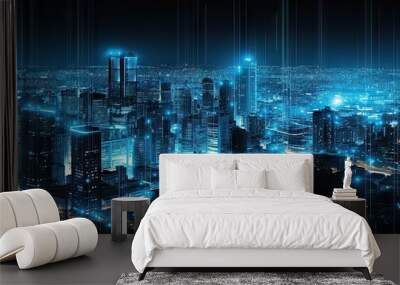 Digital networked cityscape. Futuristic skyscrapers and modern technology. Future urban architecture. Tech driven city skyline and innovations. Cybernetic Wall mural