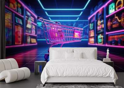 Digital shopping delight. Neon lit online store. E commerce revolution. Brighten cart with light. Tech savvy. Storefront experience Wall mural