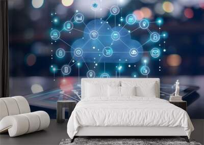 Digital Tablet with Cloud Computing Icon and Connected IoT Devices Representing Smart Technology Wall mural