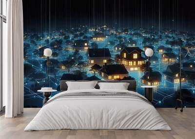 Digital technology internet network and modern housing design. Blue abstract architecture in connected city. Urban house icons. Residential fusion. Architectural concepts. Meets home Wall mural