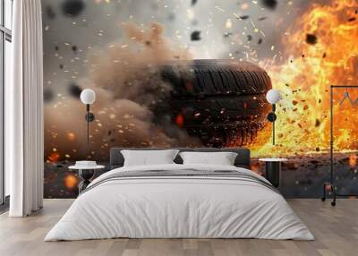 Dramatic Explosion of a Car Tire Releasing Shreds Smoke and Sparks Wall mural