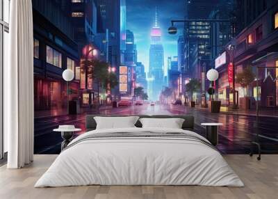 Electric nights. Glowing streets of urban jungle. City in technicolor. Vibrant night on broadway. Metropolis awakens Wall mural