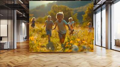 Energetic Group of Children Playing Tag in Lush Grassy Field Wall mural