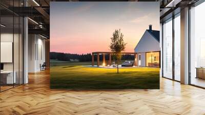 Evening landscape. Beautiful sunset over green meadow with house in background Wall mural