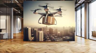 Fast and Efficient Drone Delivery Service in the City Concept of Shipping, Logistic and E-commerce Wall mural