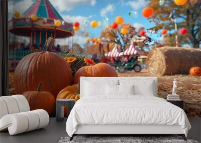 Festive Autumn Fair with Pumpkins Hay Rides and Colorful in a Rustic Countryside Landscape Wall mural