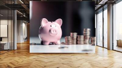 Financial Concepts: Banking, Savings, and Investment with Pink Piggy Bank on Table. Generative AI illustrations. Wall mural