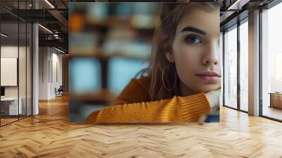 Focused Woman Calculating Finances with Notebook and Calculator Wall mural