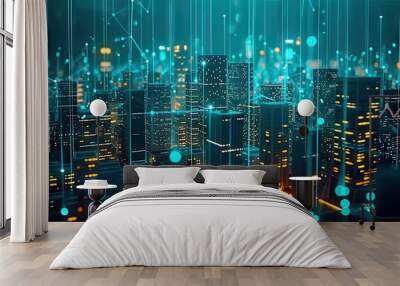 Futuristic cityscape illuminated with digital technology and neon lights modern urban panorama of skyscrapers and connected networks abstract concept represents pulse of smart city at night Wall mural