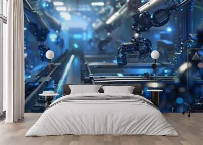 Futuristic Factory with Robotic Arms Assembling Products on Conveyor Belt in Blue and Silver Lighting Wall mural