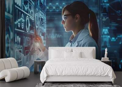 Futuristic Researcher Developing Cutting Edge Wearable Health Monitoring Technology for Real Time Data Analytics and Breakthrough Medical Discoveries Wall mural