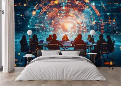 Futuristic Virtual Roundtable Discussion with Diverse Participants Connected through Secure Digital Network Wall mural