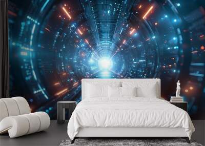 Futuristic Virtual Tunnel with Luminous Beams and Dimensional Architectural Design for Video Conferencing and Science Fiction Backgrounds Wall mural