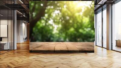 Garden Table. Wooden Background with Green Plants, Trees and Leaves in Bokeh Blur for Product Display Wall mural