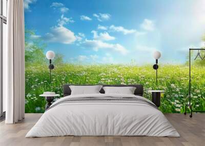 Green spring meadow with nature field grass in summer under sunny sky sun shining on flowers garden landscape fresh day floral daisy and blue outdoor herb light bright chamomile park rural cloud Wall mural